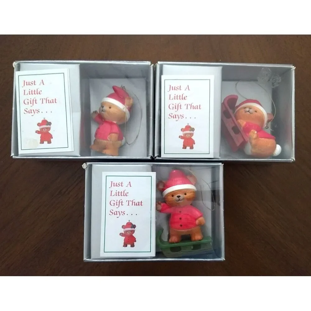 Bradford Novelty TEDDY BEAR Christmas Ornaments 1984 Set of 3 in Box Hong Kong